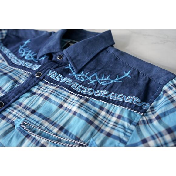 El General Men Embroidered Plaid Western Pearl Snap Button Shirt M Cowboy Rodeo - Picture 5 of 16